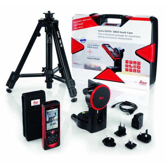 Red and black DISTO D810 Touch Package with the FTA360 tripod adapter and TRI 70 tripod